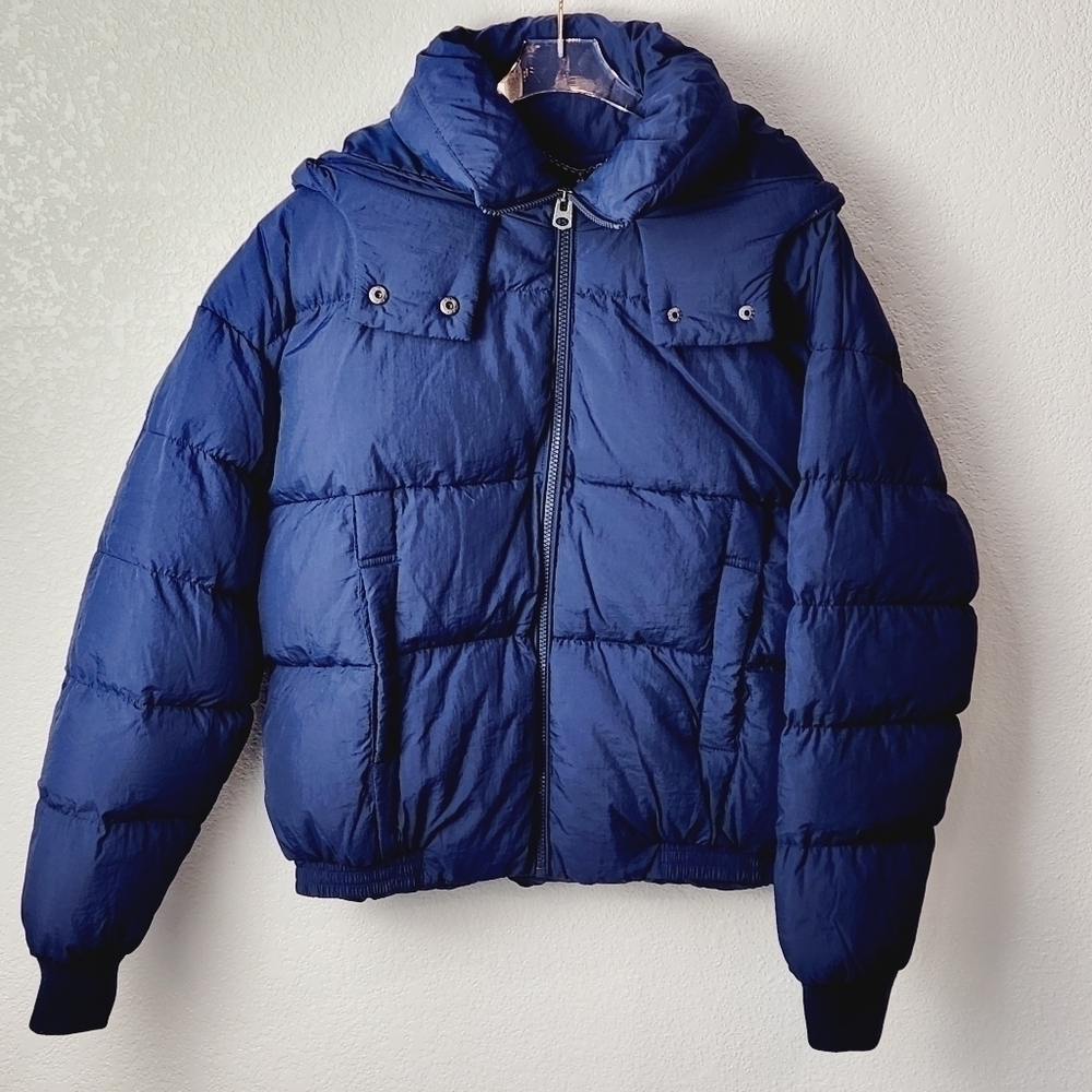 LUCKY Brand Short Puffer Medium Blue Hooded Jacket Size: S